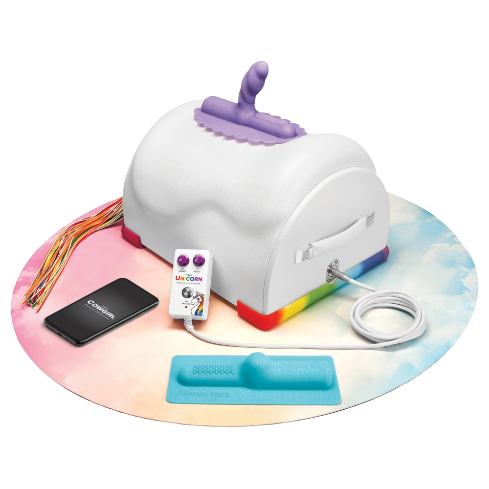 The Unicorn Premium Sex Machine - Vue complète avec télécommande, embouts Magic Hide et Uni Horn